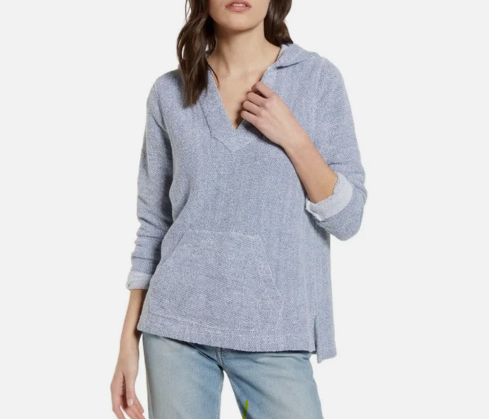 Faherty French Terry Hoodie Sweatshirt Whitewater Blue Herringbone Beach Size XS